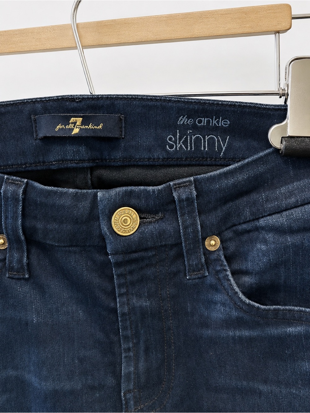 7 For All Mankind Dark Indigo Ankle Skinny Jeans with Gold Hardware